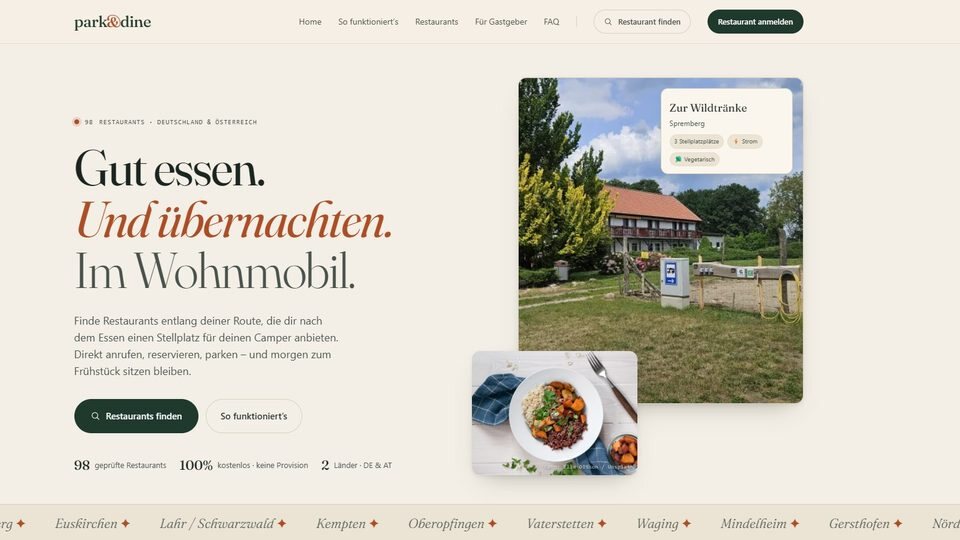 Screenshot der Website park-and-dine.de